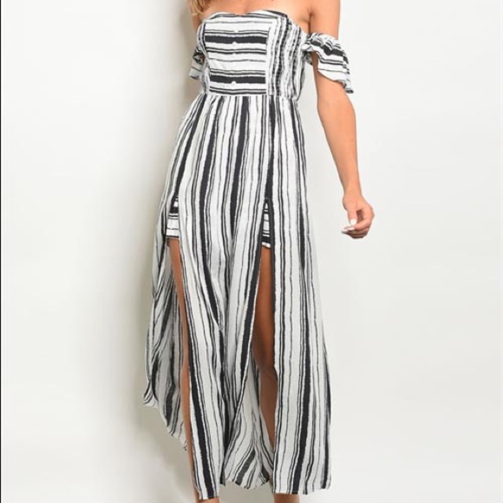 Black and White Striped Maxi Romper